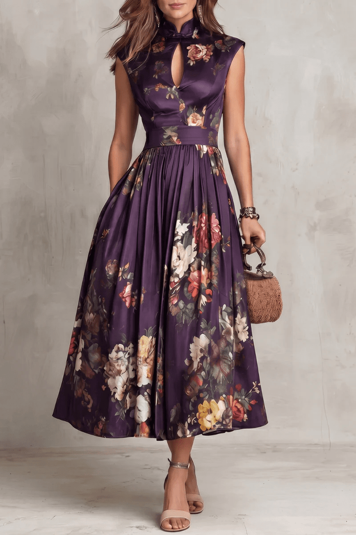 Rosalie | Keyhole Collar Floral Pleated Satin Midi Dress