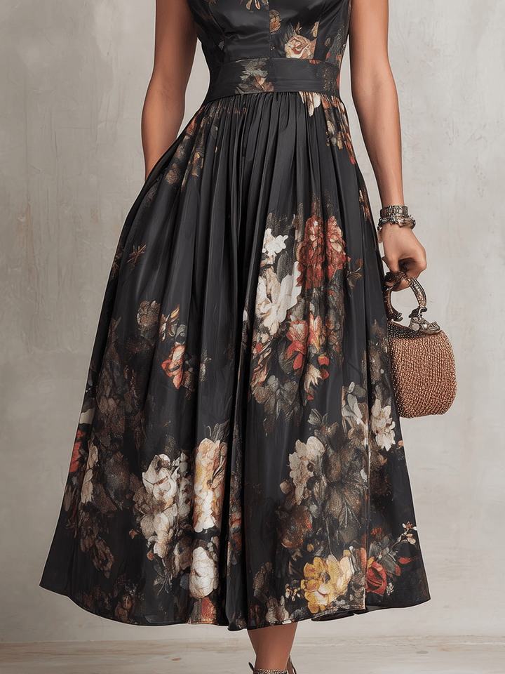 Rosalie | Keyhole Collar Floral Pleated Satin Midi Dress