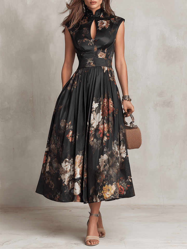 Rosalie | Keyhole Collar Floral Pleated Satin Midi Dress