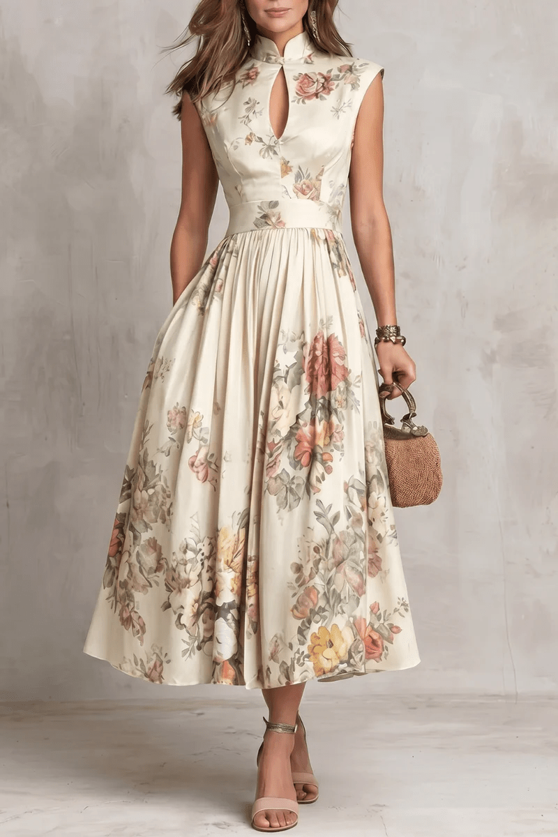 Rosalie | Keyhole Collar Floral Pleated Satin Midi Dress