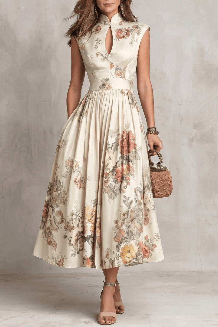 Rosalie | Keyhole Collar Floral Pleated Satin Midi Dress